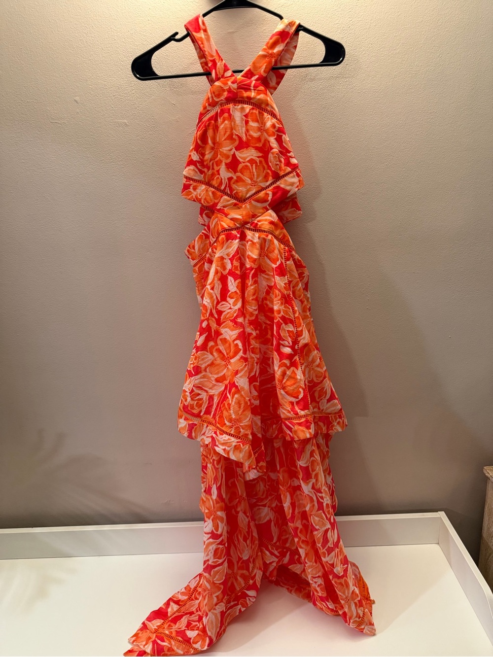 VICI Orange Floral Halter Cutout Maxi Dress Medium Ladder Lace Vacation